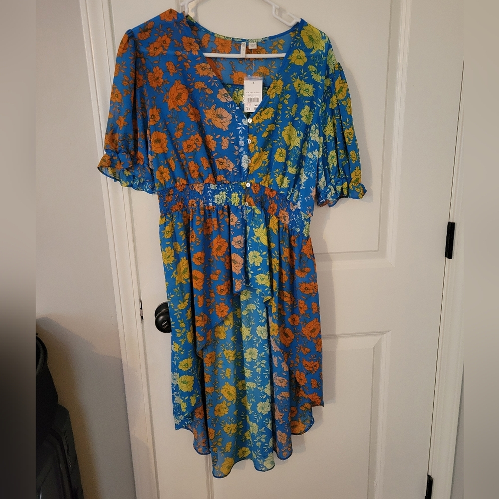 Floral Blue Asymetrical Shirt with Orange and Green Accents
